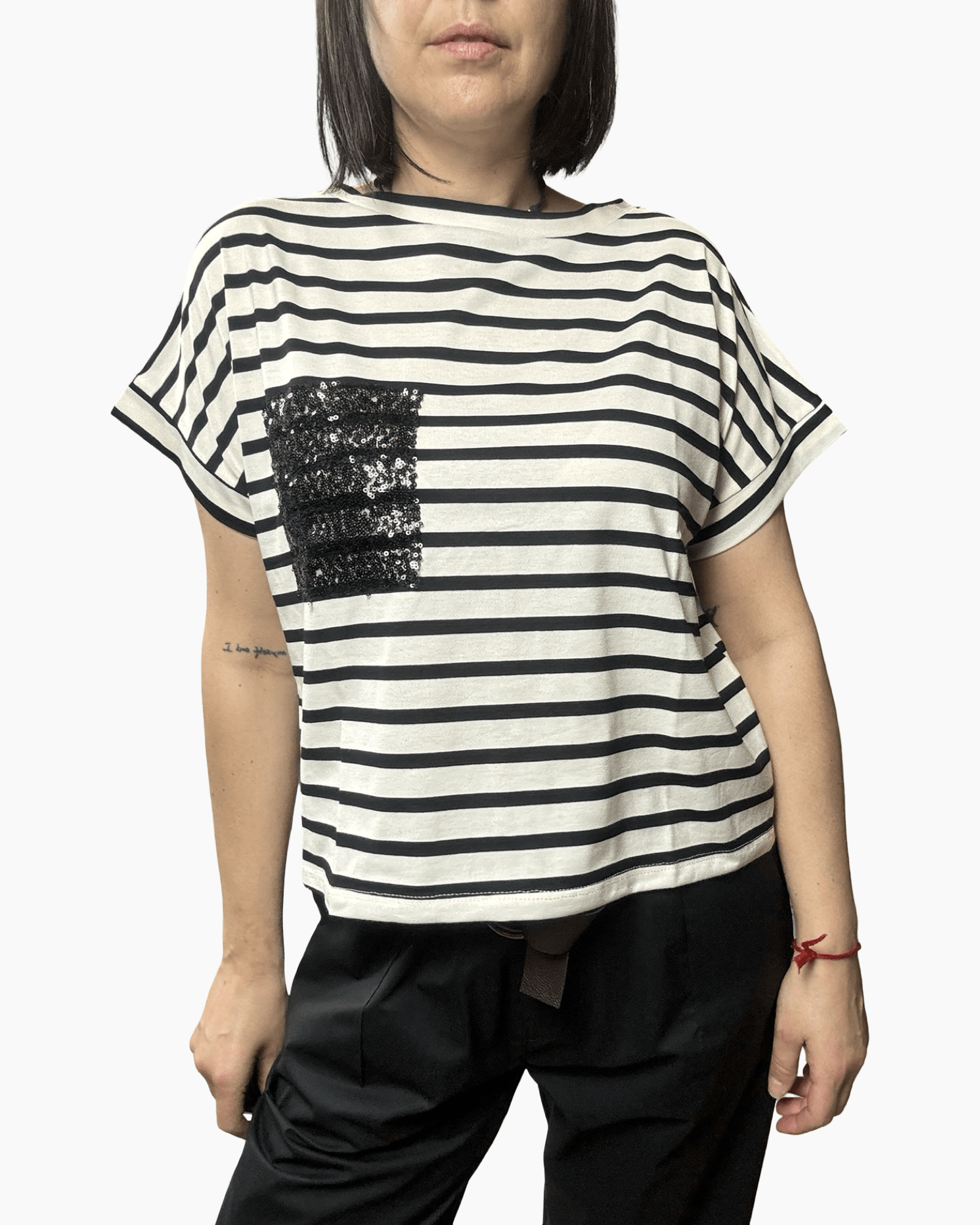 T-SHIRT RIGATA TASCA PAILLETTES SUSY MIX - XE BLU ABBIGLIAMENTO