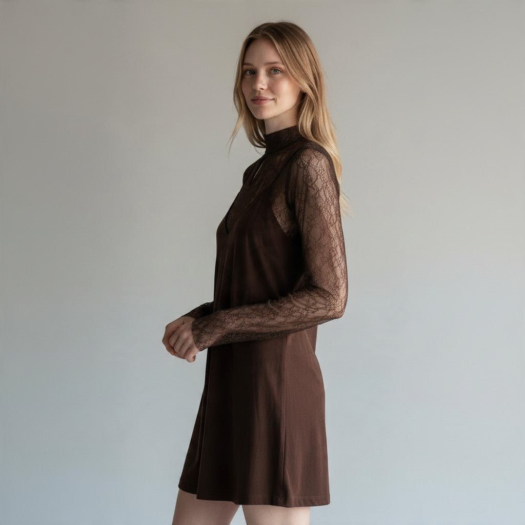 Abito corto marrone XE BLU Abbigliamento Donna con maglia in pizzo a maniche lunghe e taglio svasato