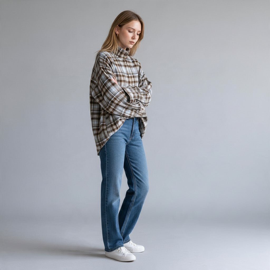 Modella indossa camicia XE BLU Abbigliamento Donna oversize in flanella a quadri con collo a imbuto e maniche raglan