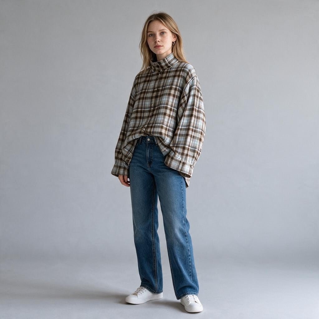 Modella indossa camicia XE BLU Abbigliamento Donna in flanella a quadri con collo a imbuto e vestibilità oversize