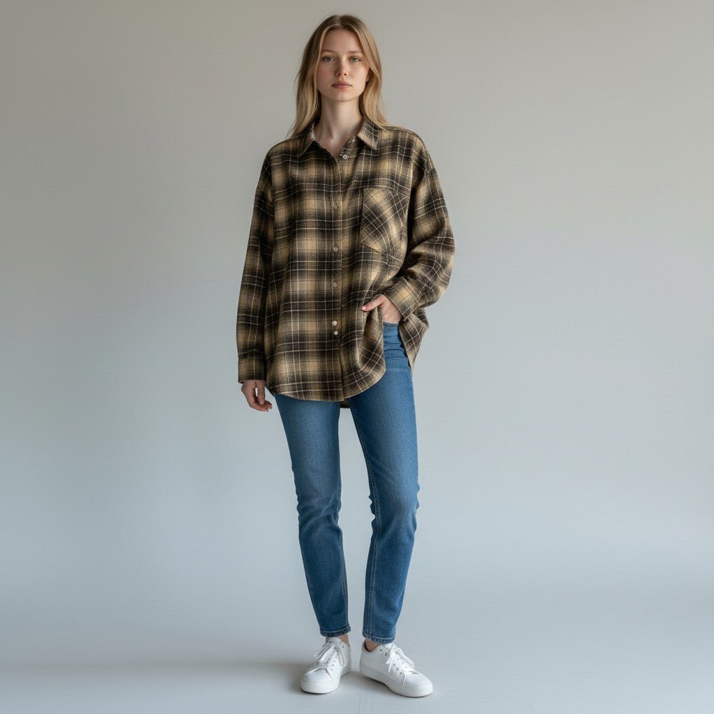 Modella indossa camicia oversize a quadri marroni XE BLU Abbigliamento Donna con maniche raglan e taschino frontale