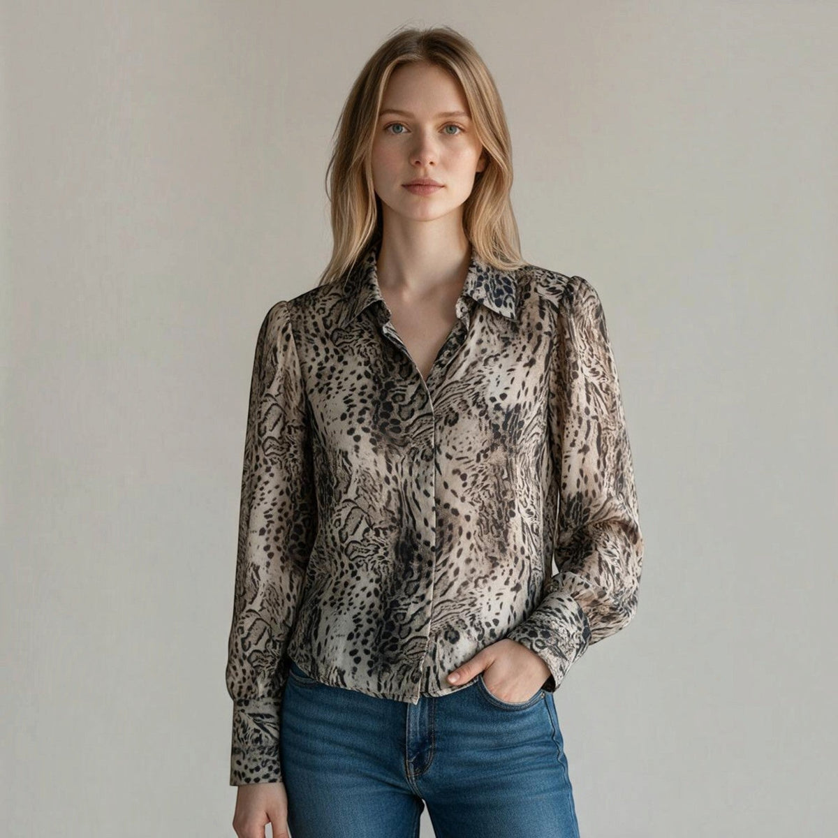 Camicia XE BLU Abbigliamento Donna a maniche lunghe con stampa pitonata, in misto viscosa e lana, vestibilità regular