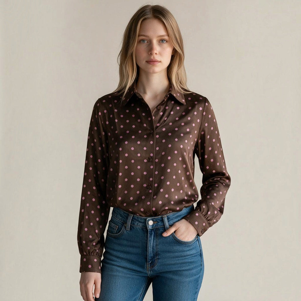 Camicia XE BLU Abbigliamento Donna in viscosa marrone a pois rosa con maniche lunghe e colletto classico