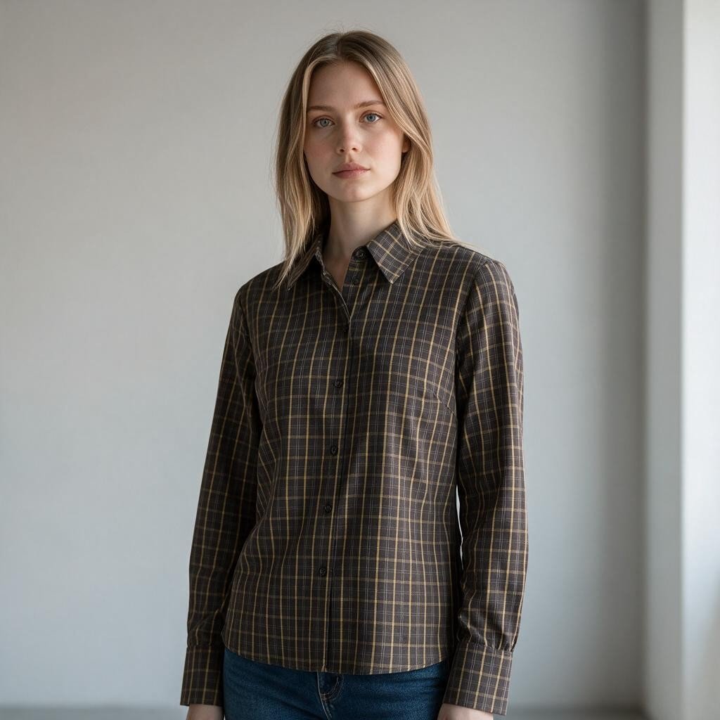 Modella indossa camicia XE BLU Abbigliamento Donna a maniche lunghe con motivo a quadri marrone e giallo in cotone