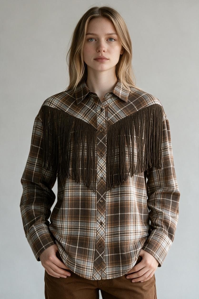 Camicia XE BLU Abbigliamento Donna a quadri marroni in cotone con frange frontali e maniche raglan