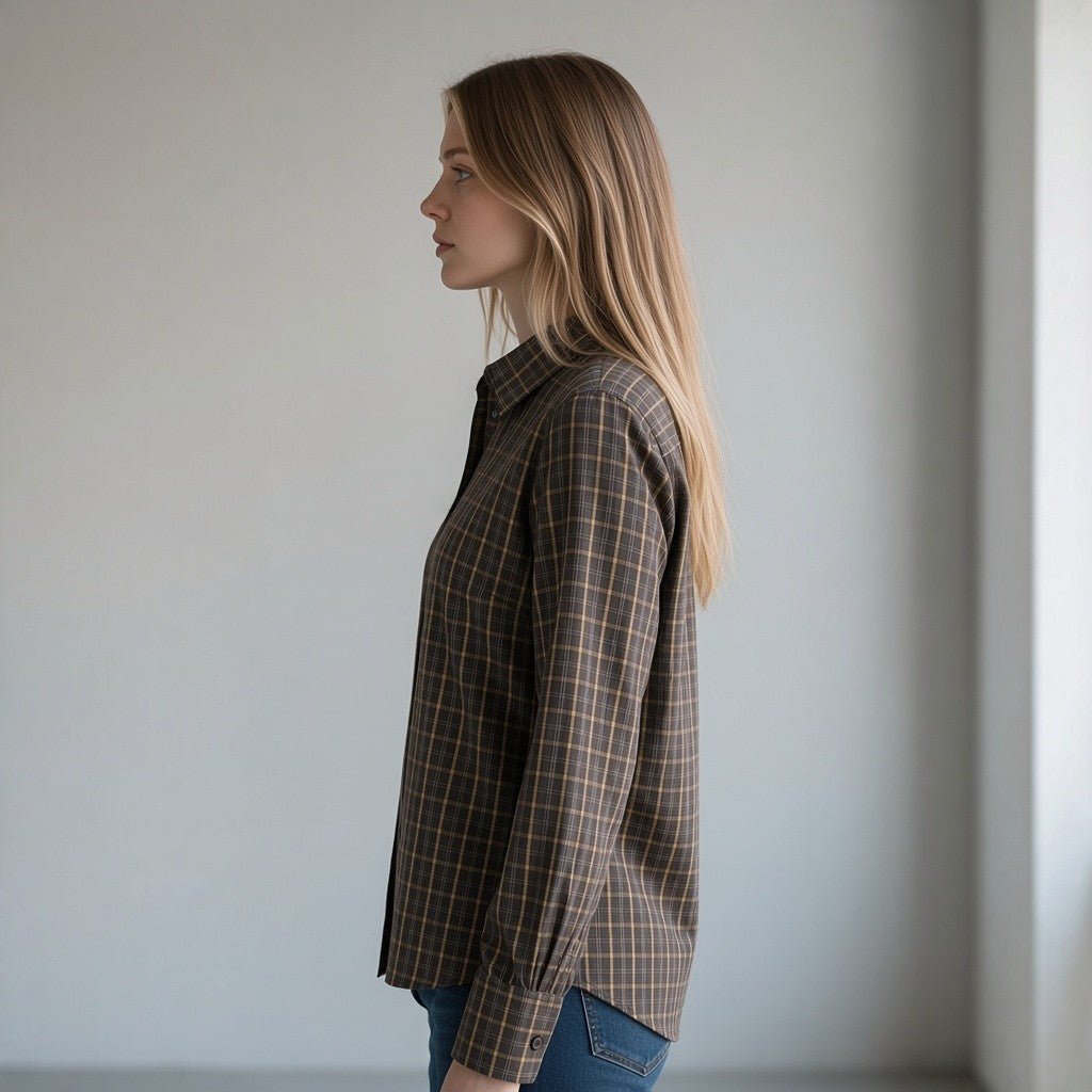 Modella indossa camicia a maniche lunghe XE BLU Abbigliamento Donna in cotone a quadri marrone con colletto