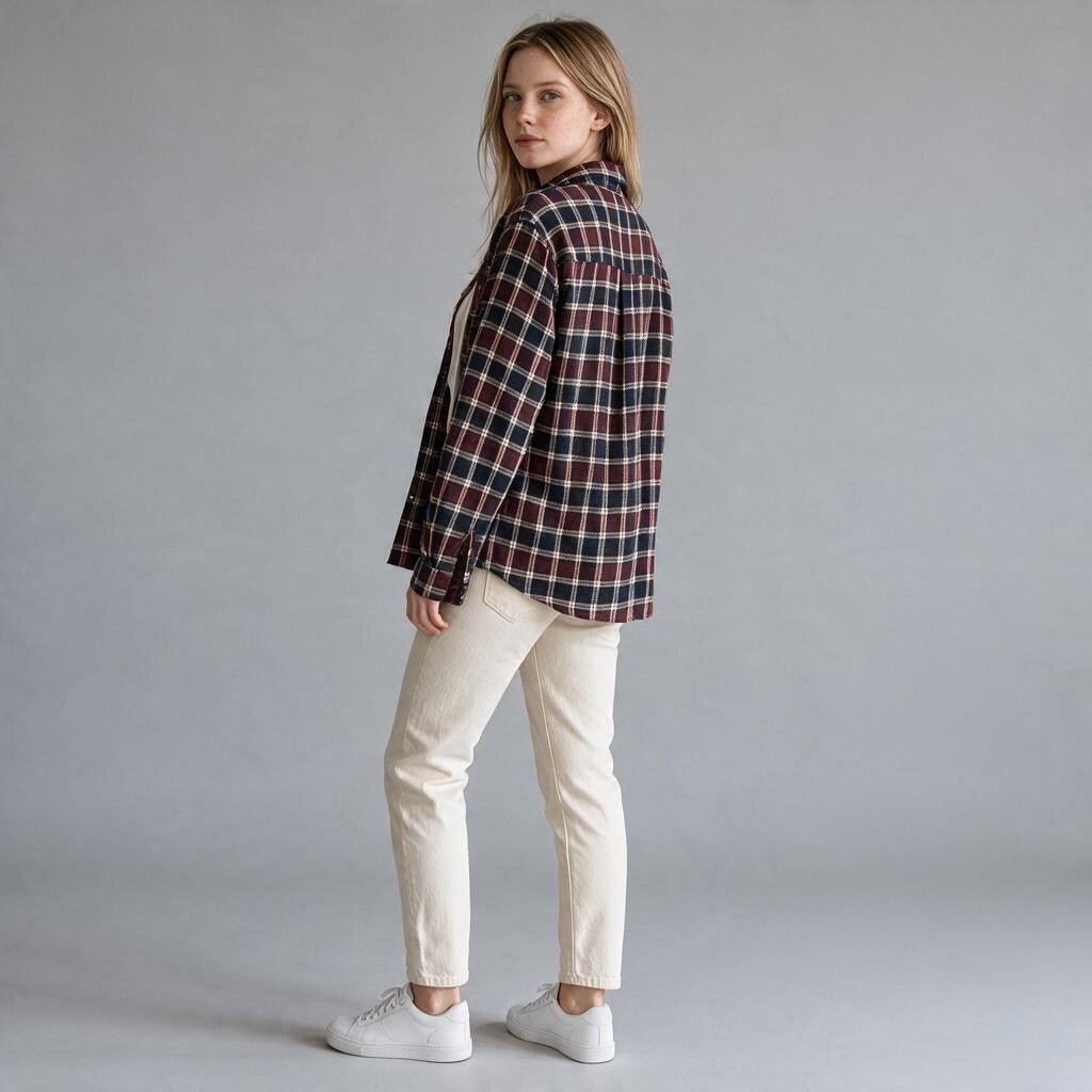 Camicia oversize a quadri XE BLU Abbigliamento Donna in cotone con carrè posteriore indossata da una modella