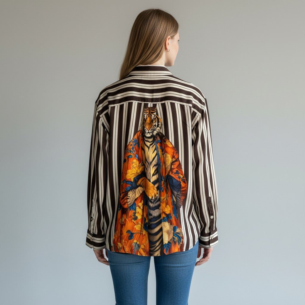 Camicia a righe XE BLU Abbigliamento Donna in viscosa con stampa tigre colorata sul retro e maniche lunghe