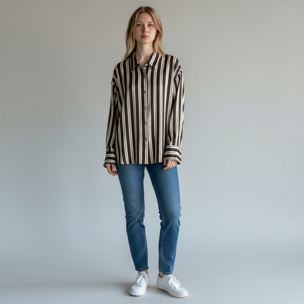 Camicia a righe XE BLU Abbigliamento Donna in viscosa con colletto, bottoni frontali e stampa tigre sul retro