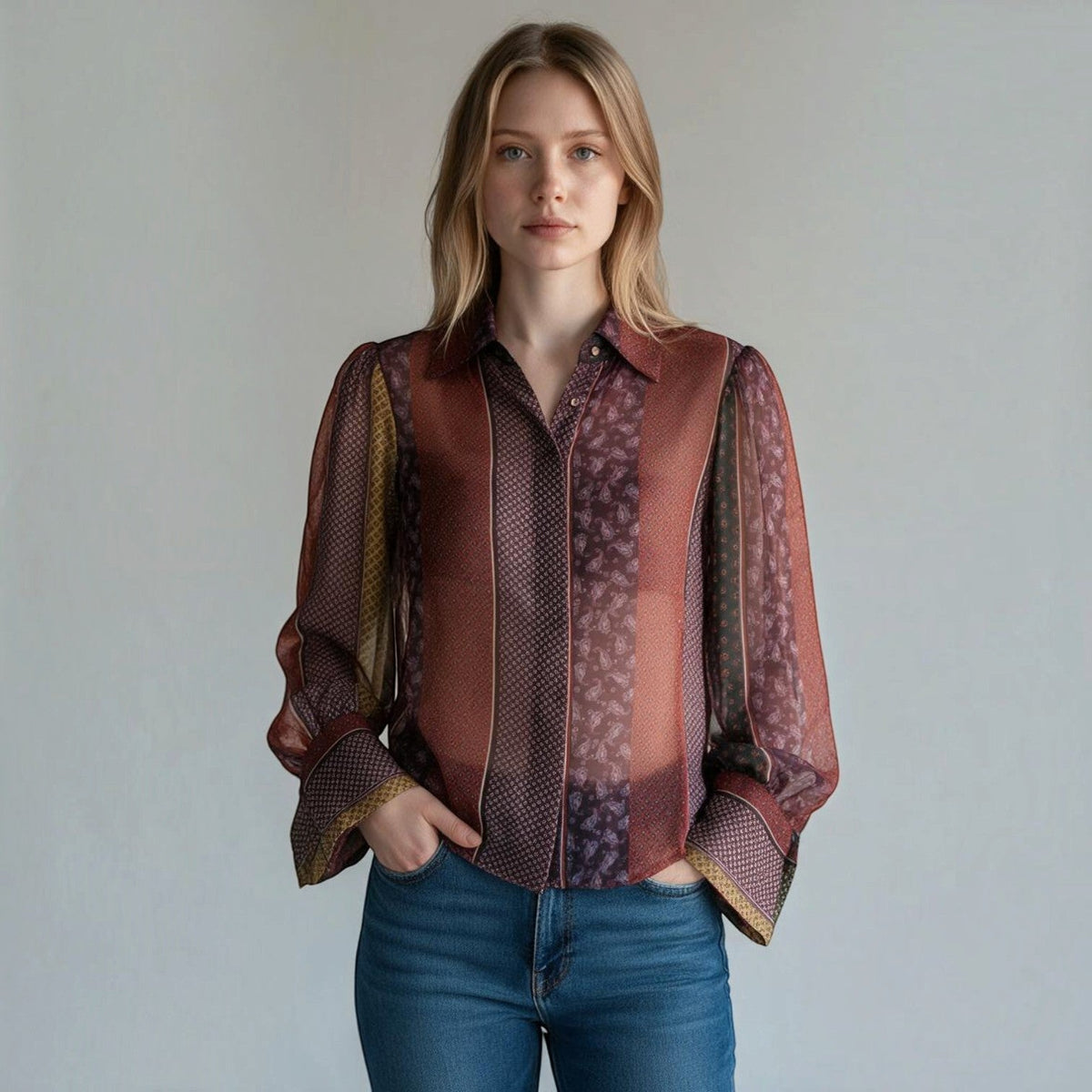Modella indossa camicia velata multicolor XE BLU Abbigliamento Donna a maniche lunghe con stampa geometrica e bottoni