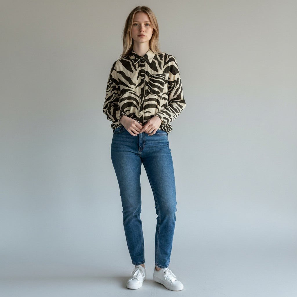 Modella XE BLU Abbigliamento Donna indossa camicia in viscosa a maniche lunghe con stampa zebrata e taschino frontale