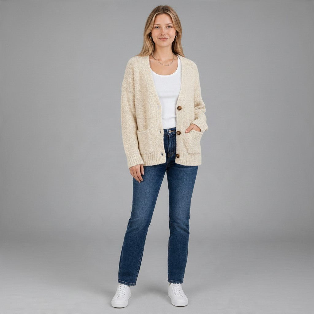 Cardigan oversize XE BLU Abbigliamento Donna in tessuto bouclé color crema con maniche raglan e tasche frontali