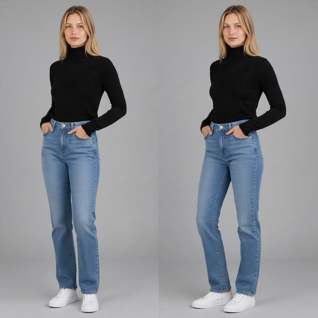 Modella indossa dolcevita nero a maniche lunghe XE BLU Abbigliamento Donna con jeans blu e scarpe bianche