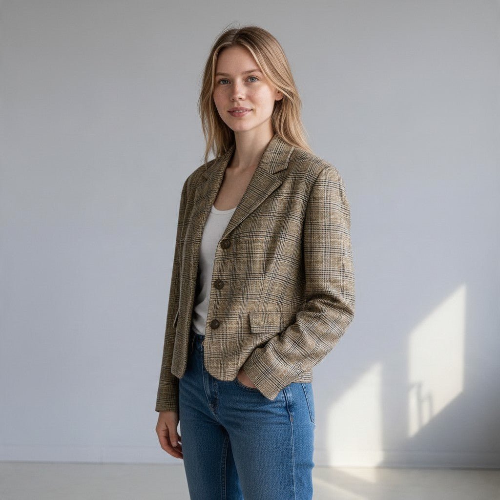Giacca XE BLU Abbigliamento Donna monopetto a quadri marrone in cotone con taglio sfiancato indossata da modella