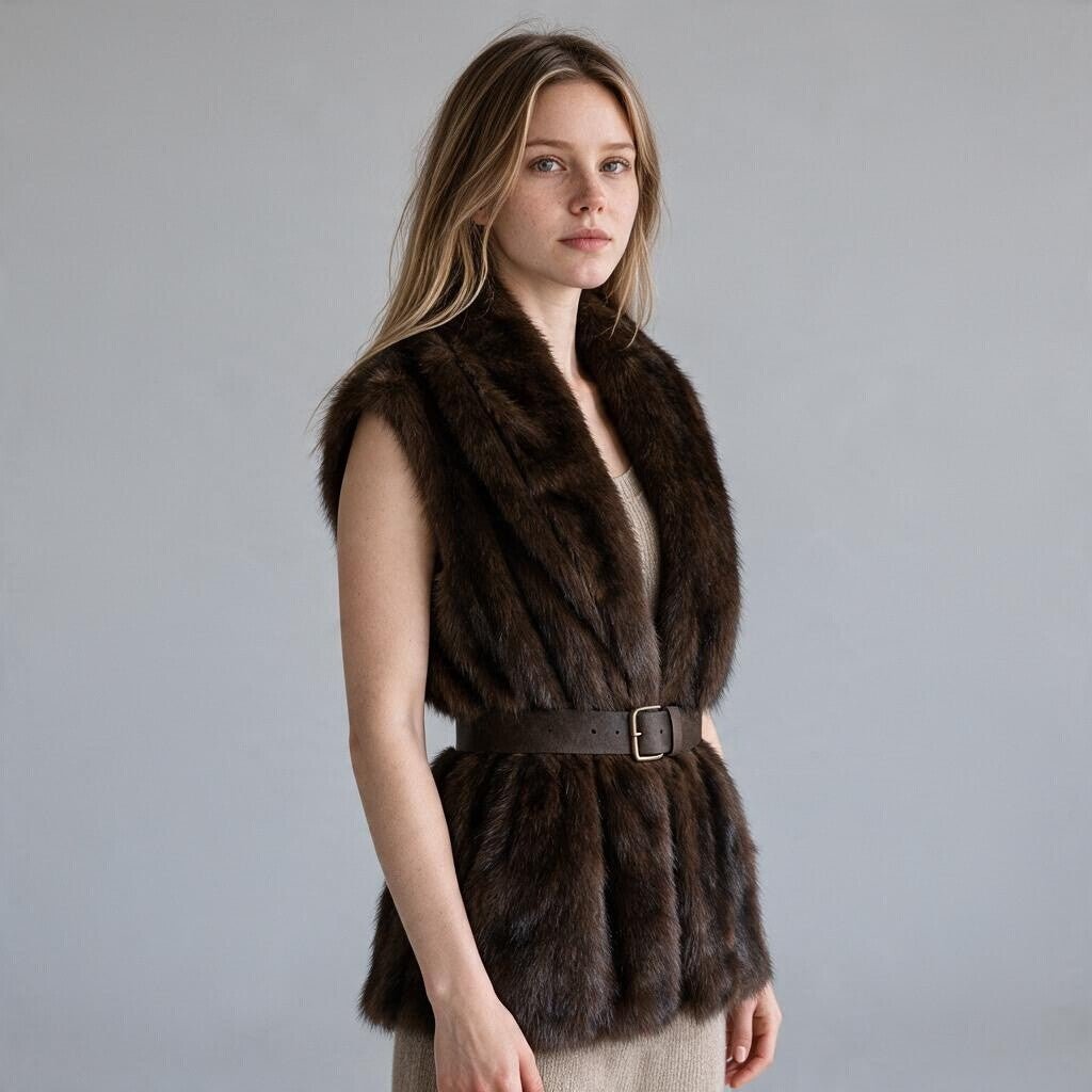 Gilet in ecopelliccia marrone XE BLU Abbigliamento Donna con cintura in vita indossato da una modella