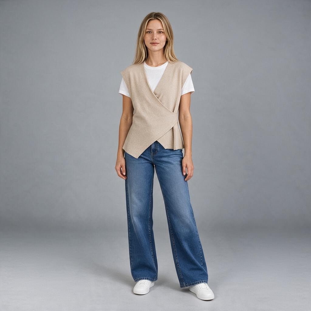 Gilet incrociato beige XE BLU Abbigliamento Donna con punta laterale indossato da una modella con jeans e t-shirt