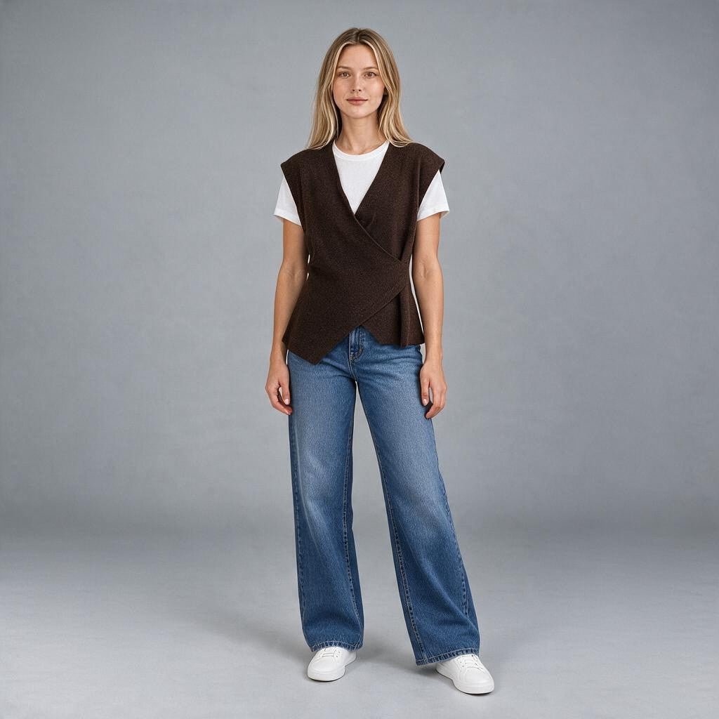 Gilet incrociato marrone XE BLU Abbigliamento Donna con punta laterale, indossato da modella con jeans e t-shirt