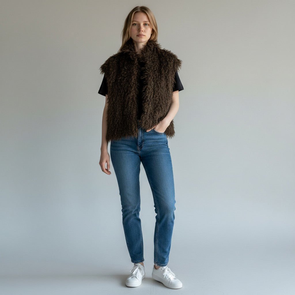 Modella indossa gilet in mongolia marrone XE BLU Abbigliamento Donna su t-shirt nera e jeans blu