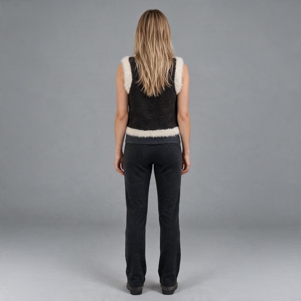 Vista posteriore di una modella che indossa il gilet ricamato XE BLU Abbigliamento Donna con inserti in pelo bianco