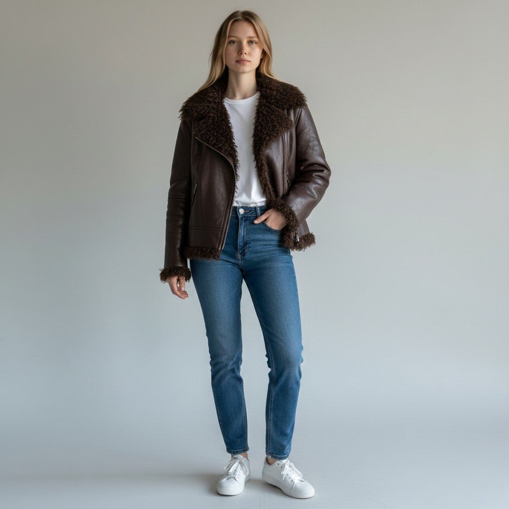 Modella indossa giubbino oversize in ecopelle marrone con gilet in mongolia XE BLU Abbigliamento Donna