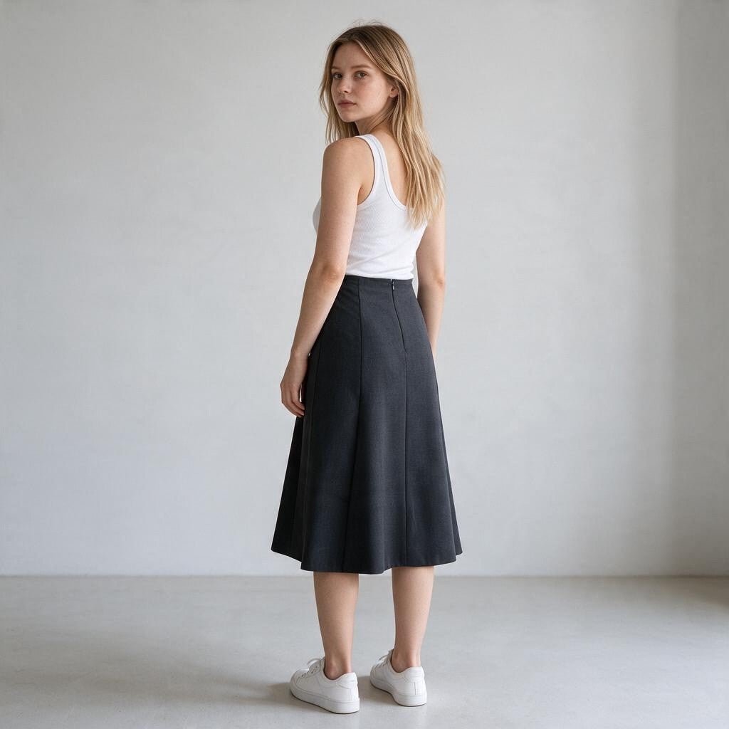 Gonna midi XE BLU Abbigliamento Donna grigia a vita alta con zip posteriore indossata da modella su sfondo neutro