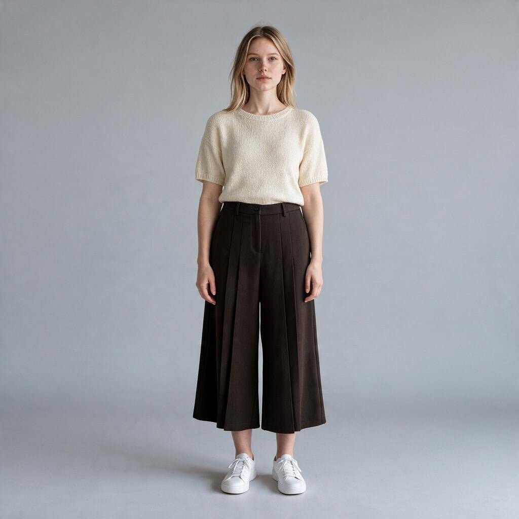 Modella XE BLU Abbigliamento Donna indossa pantaloni a gamba ampia marroni effetto gonna con pinces e vita alta