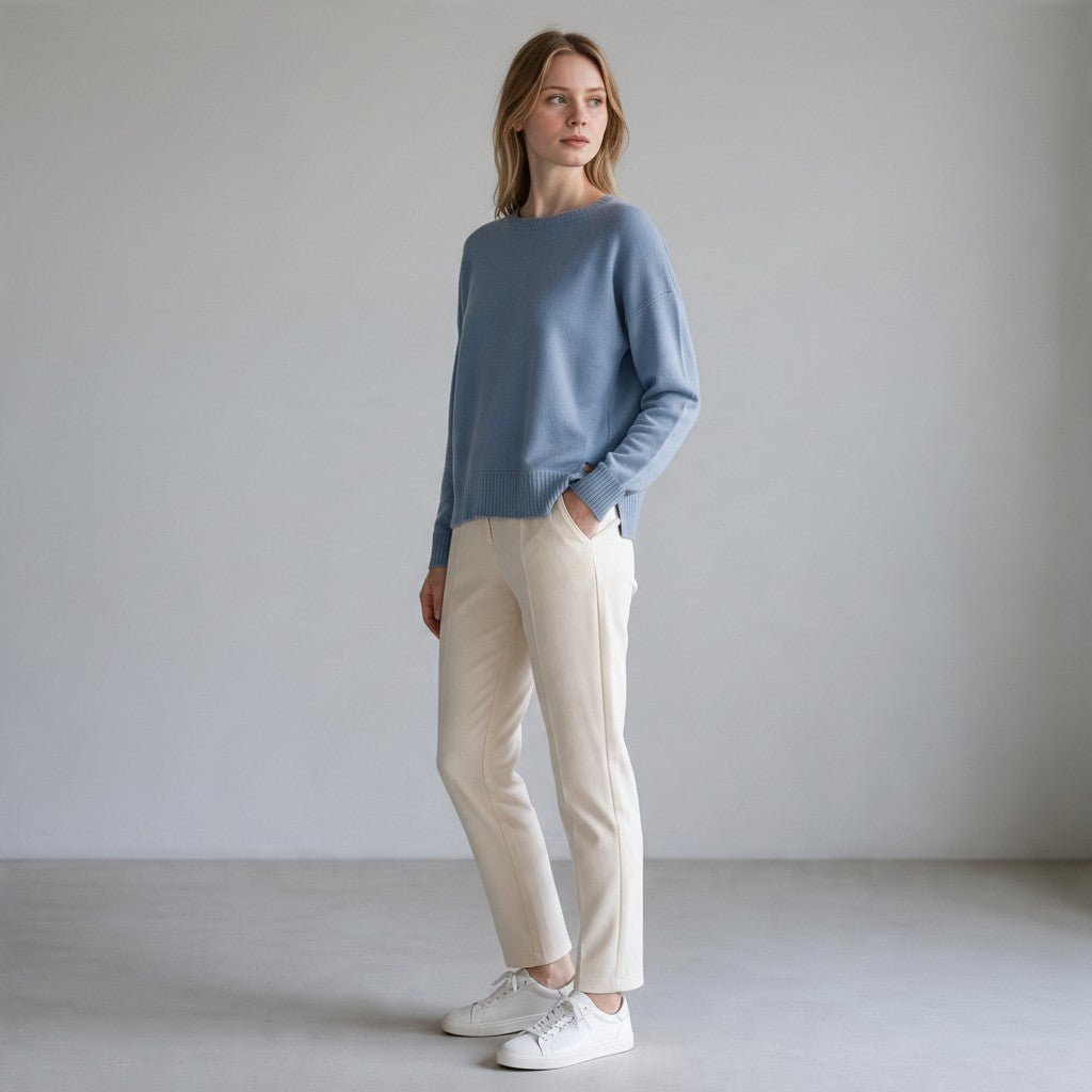 Modella indossa maglia azzurra XE BLU Abbigliamento Donna con collo a barchetta, maniche raglan e spacchi laterali