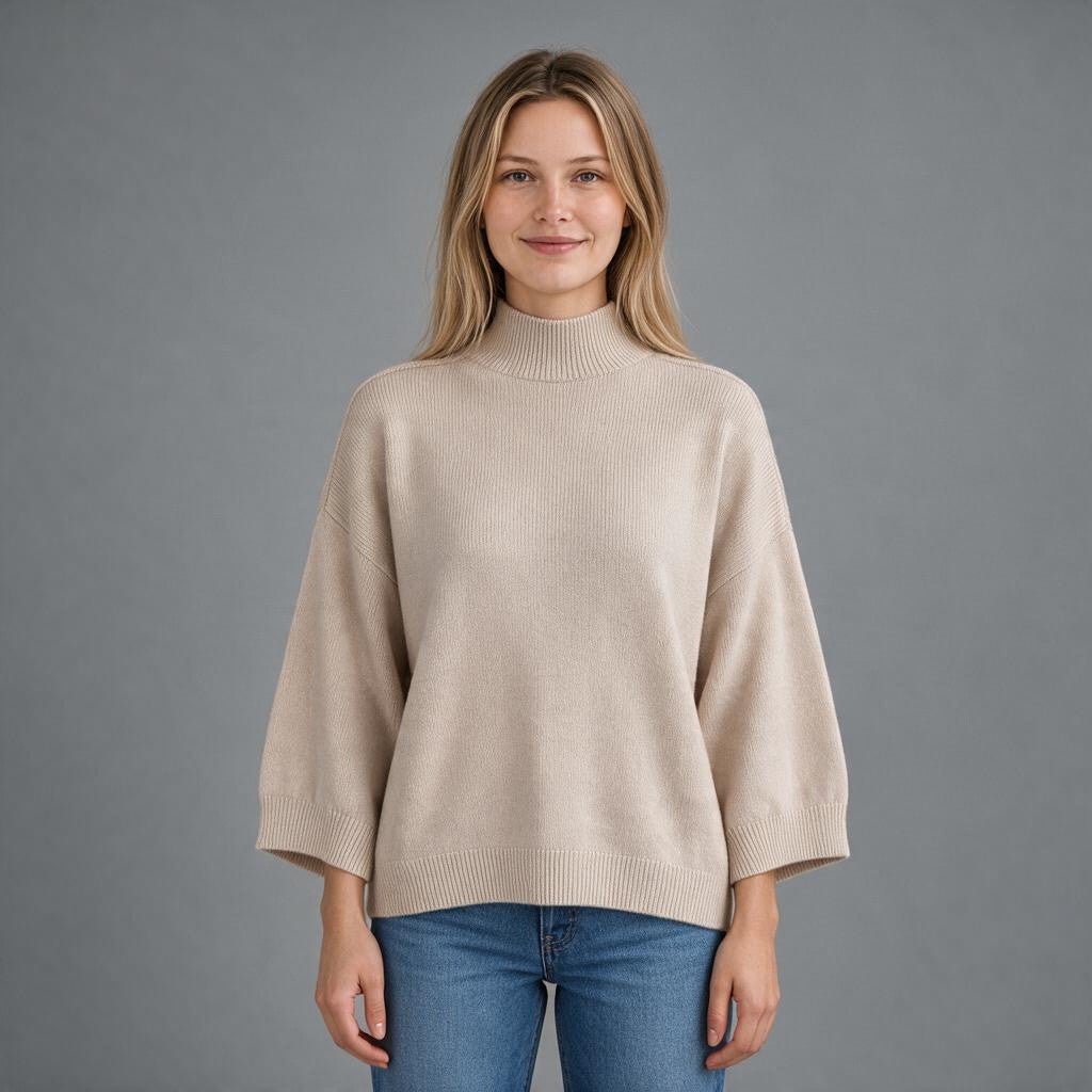 Modella indossa maglia XE BLU Abbigliamento Donna color beige con collo a lupetto e maniche raglan a 3/4 oversize