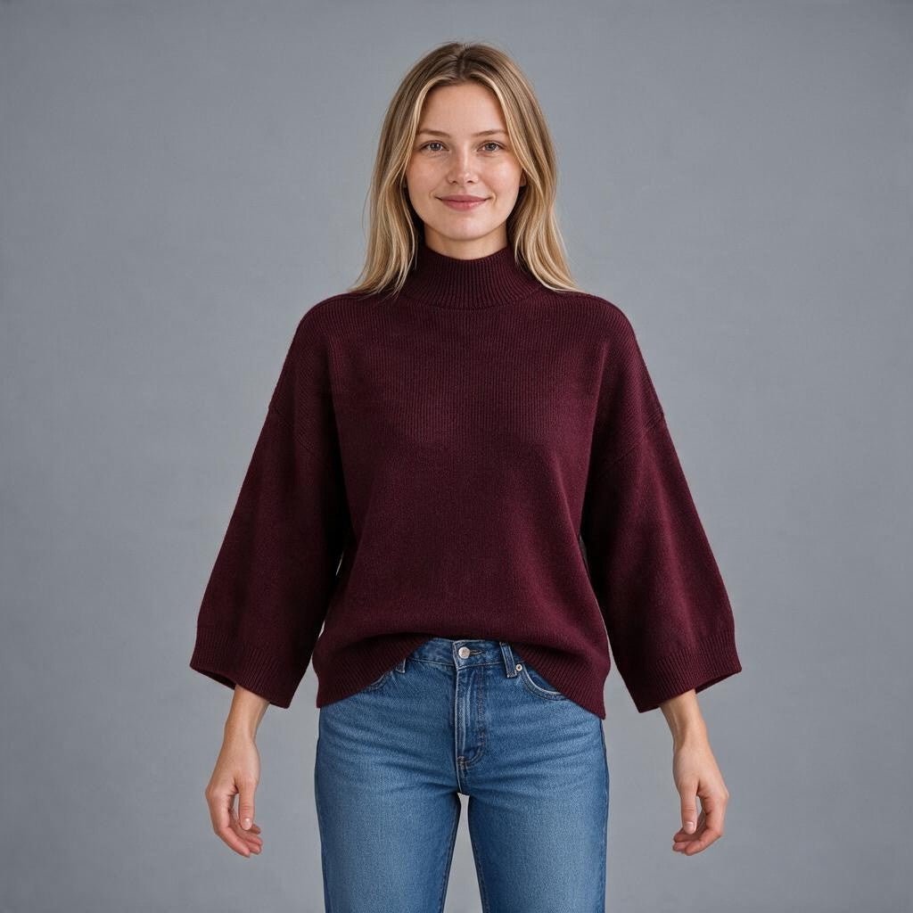 Modella indossa maglia XE BLU Abbigliamento Donna bordeaux a collo alto con maniche raglan a tre quarti oversize