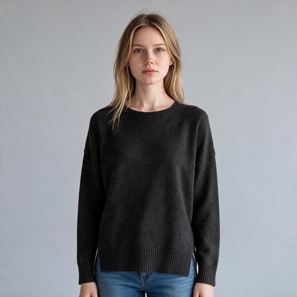 Maglia XE BLU Abbigliamento Donna grigia a maniche lunghe con collo a barchetta e spacchi laterali indossata da modella
