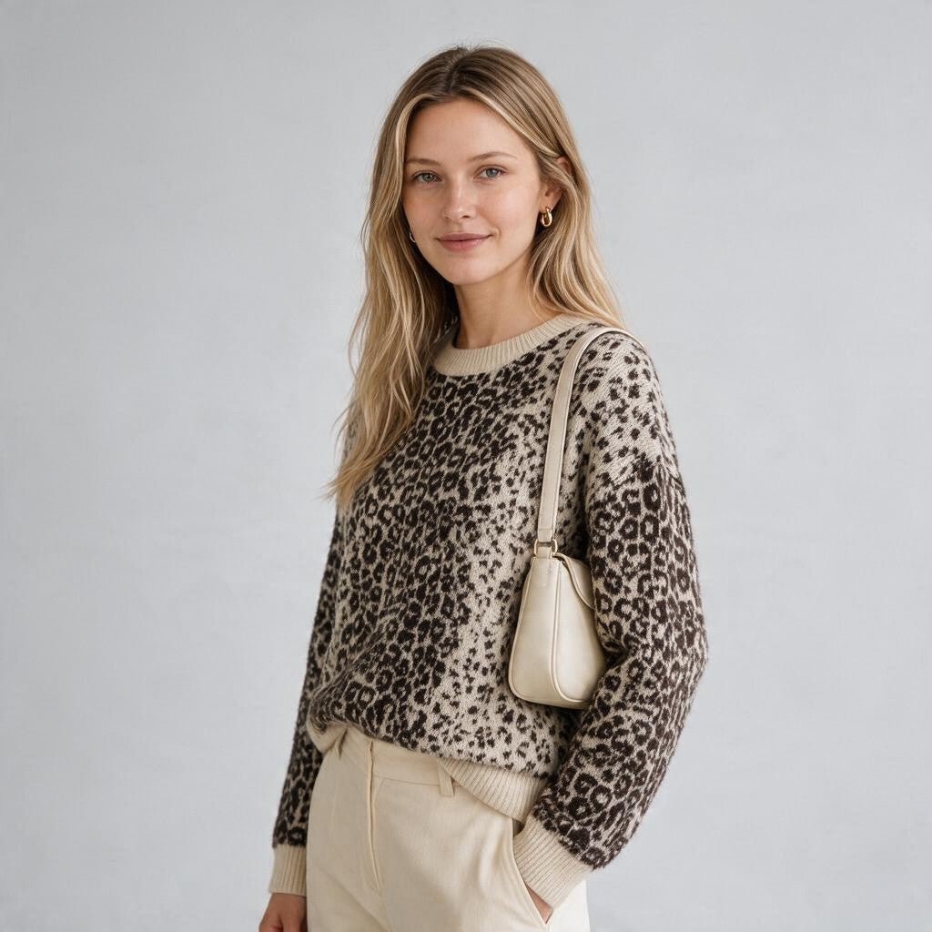 Modella indossa maglia girocollo XE BLU Abbigliamento Donna con stampa animalier maculata e maniche a raglan
