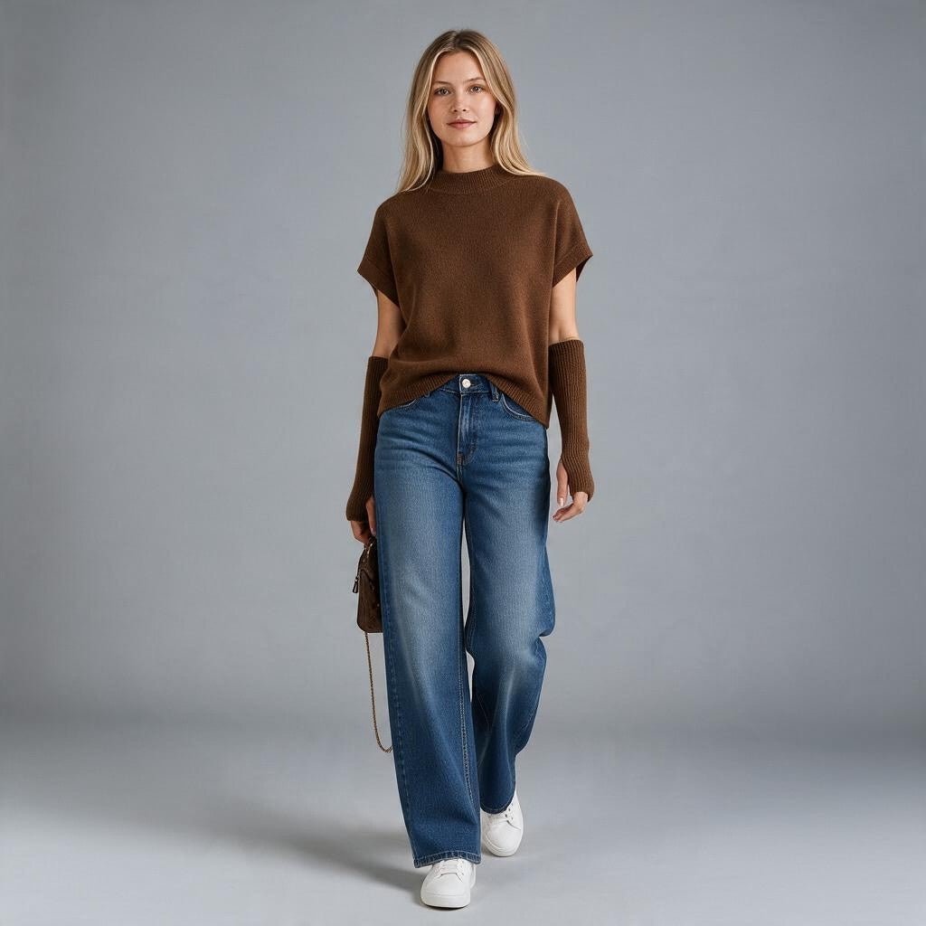 Modella XE BLU Abbigliamento Donna indossa maglia marrone a collo alto con maniche corte e manicotti staccati