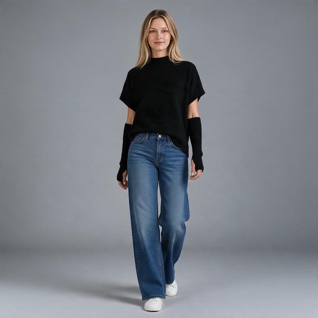 Maglia nera XE BLU Abbigliamento Donna a collo alto con maniche scese e manicotti staccati indossata da modella