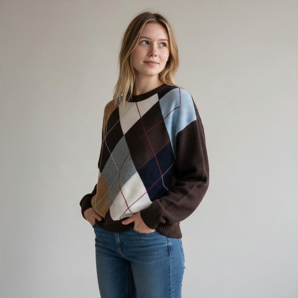 Modella indossa maglia girocollo XE BLU Abbigliamento Donna con motivo a rombi multicolor in misto lana e cashmere