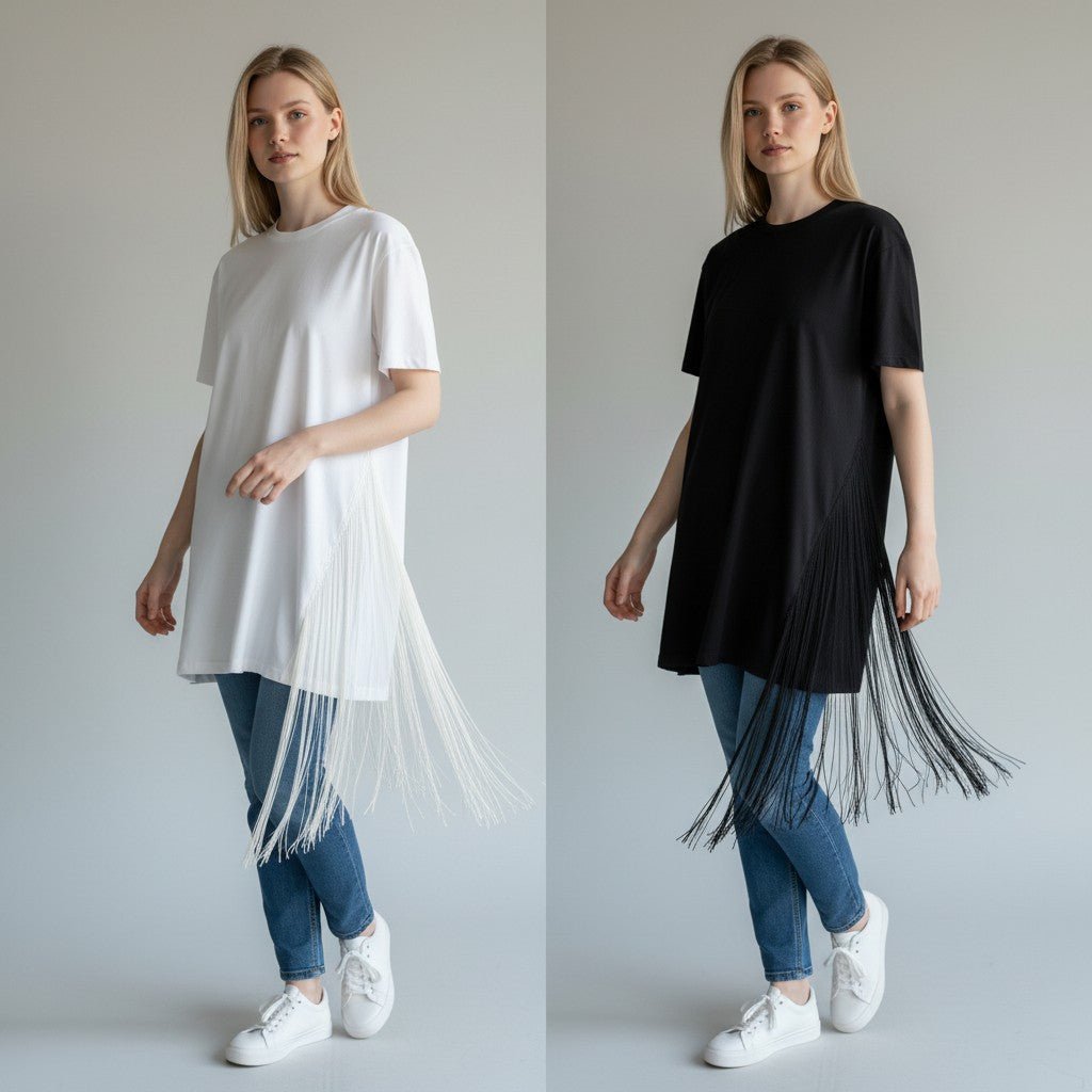 Modella indossa maglietta in cotone XE BLU Abbigliamento Donna con frange laterali, disponibile in bianco e nero