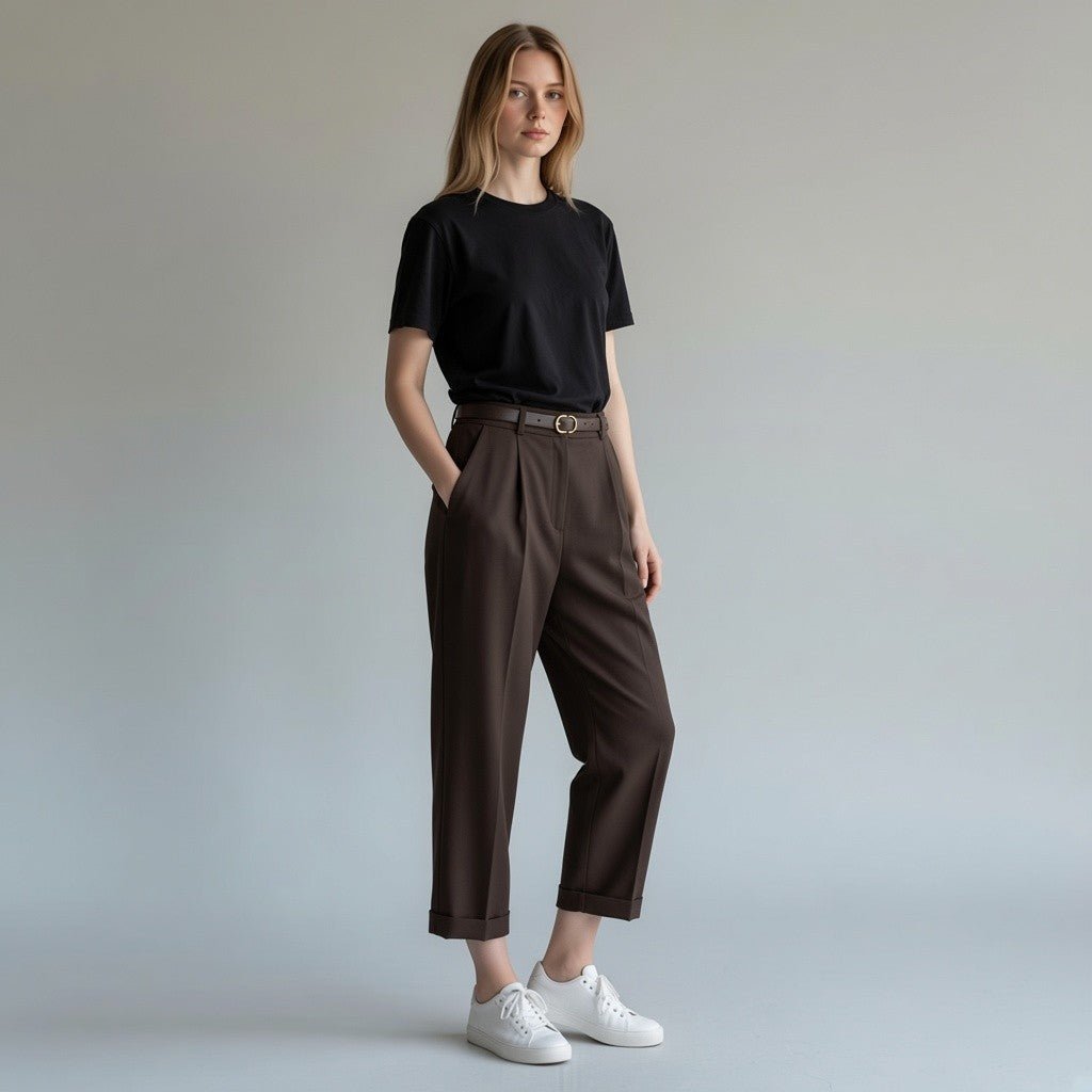 Modella indossa pantaloni marroni a vita alta con pinces e gamba morbida XE BLU Abbigliamento Donna