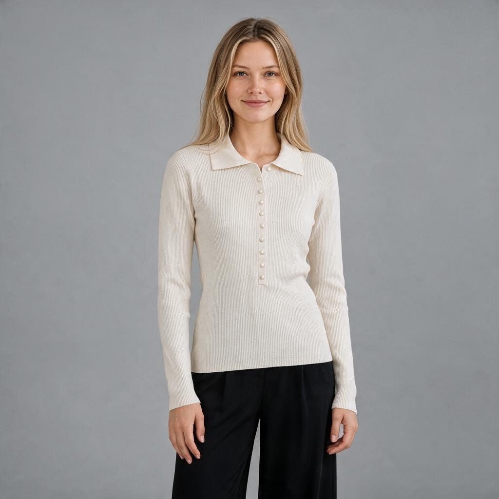 Polo a maniche lunghe XE BLU Abbigliamento Donna in maglia a costine color crema con bottoncini e dettagli luminosi